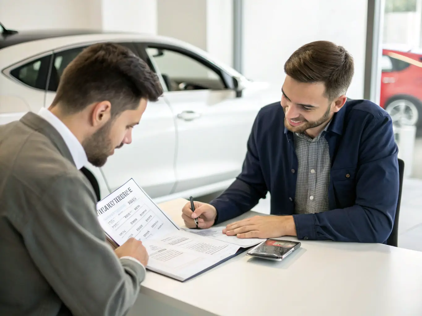 A friendly Motor Leads UK consultant speaking with a customer over the phone, with vehicle brochures and a gold-accented notepad on the desk, illustrating the personalized sourcing consultation.