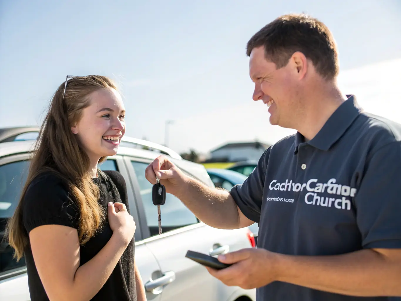 A delivery driver handing over keys to a happy customer beside a newly sourced luxury car, with a gold and black branded Motor Leads UK folder, symbolizing the final step of vehicle delivery.