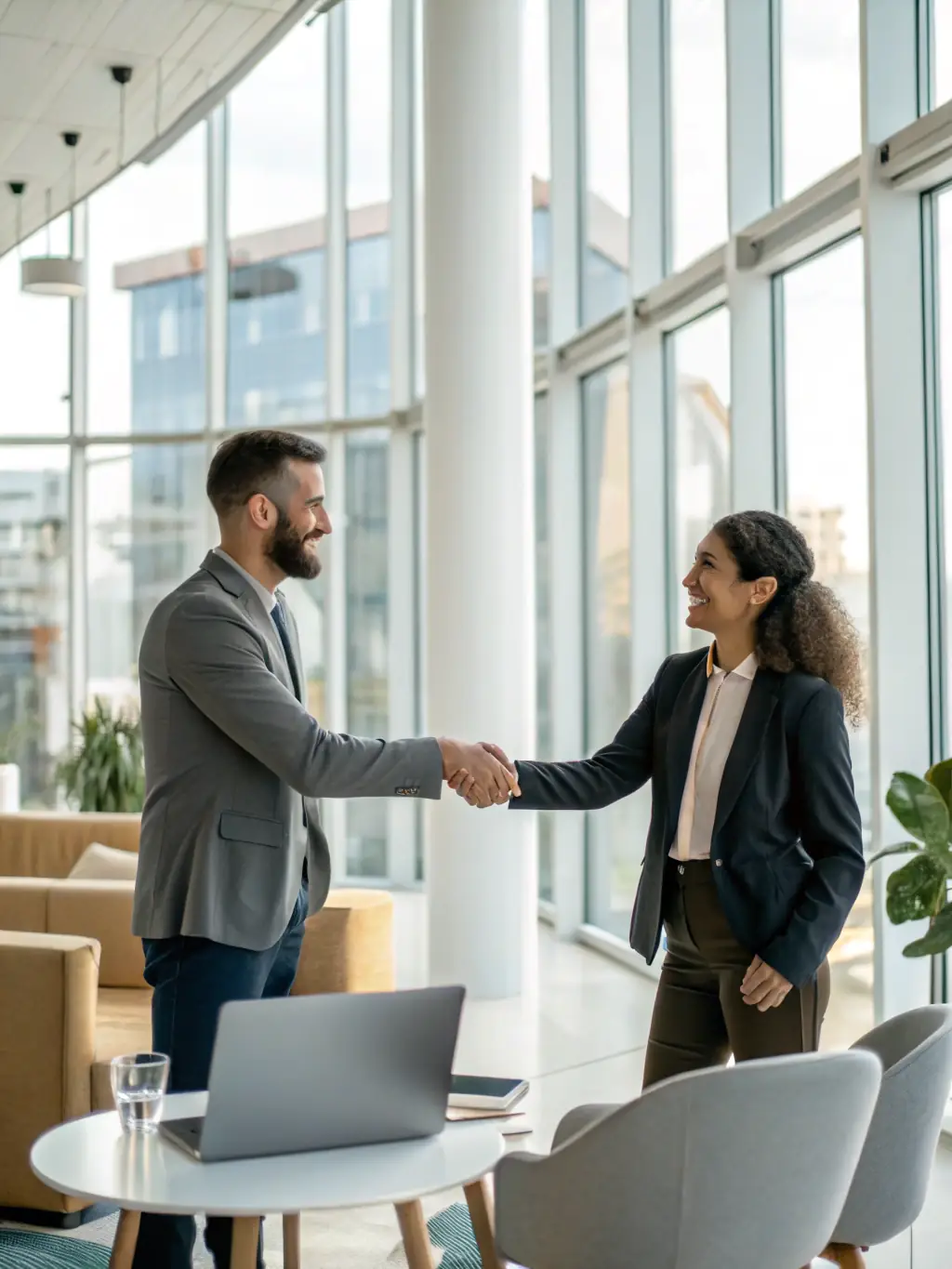 A professional consultant in a gold-accented office warmly greeting a client, with luxury car brochures and a laptop open to a vehicle search page, representing the initial consultation step for Motor Leads UK.