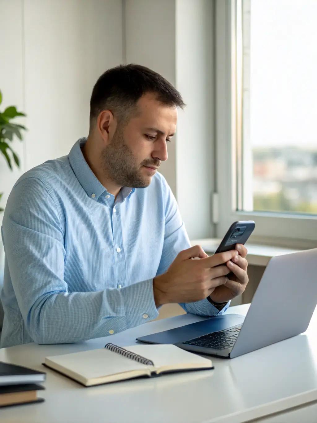A confident advisor on a phone call, reviewing vehicle details on a tablet, with paperwork and a gold pen, symbolizing transparent communication and updates.