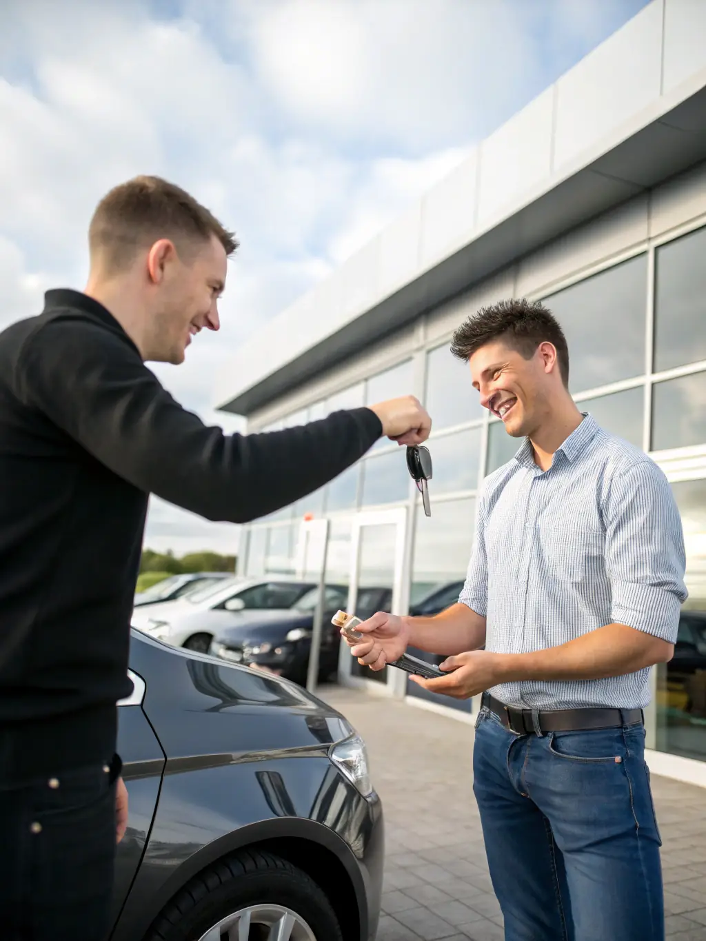 A happy client receiving keys to a new luxury car outside a dealership, with a Motor Leads UK branded folder and a handshake, celebrating a successful delivery.